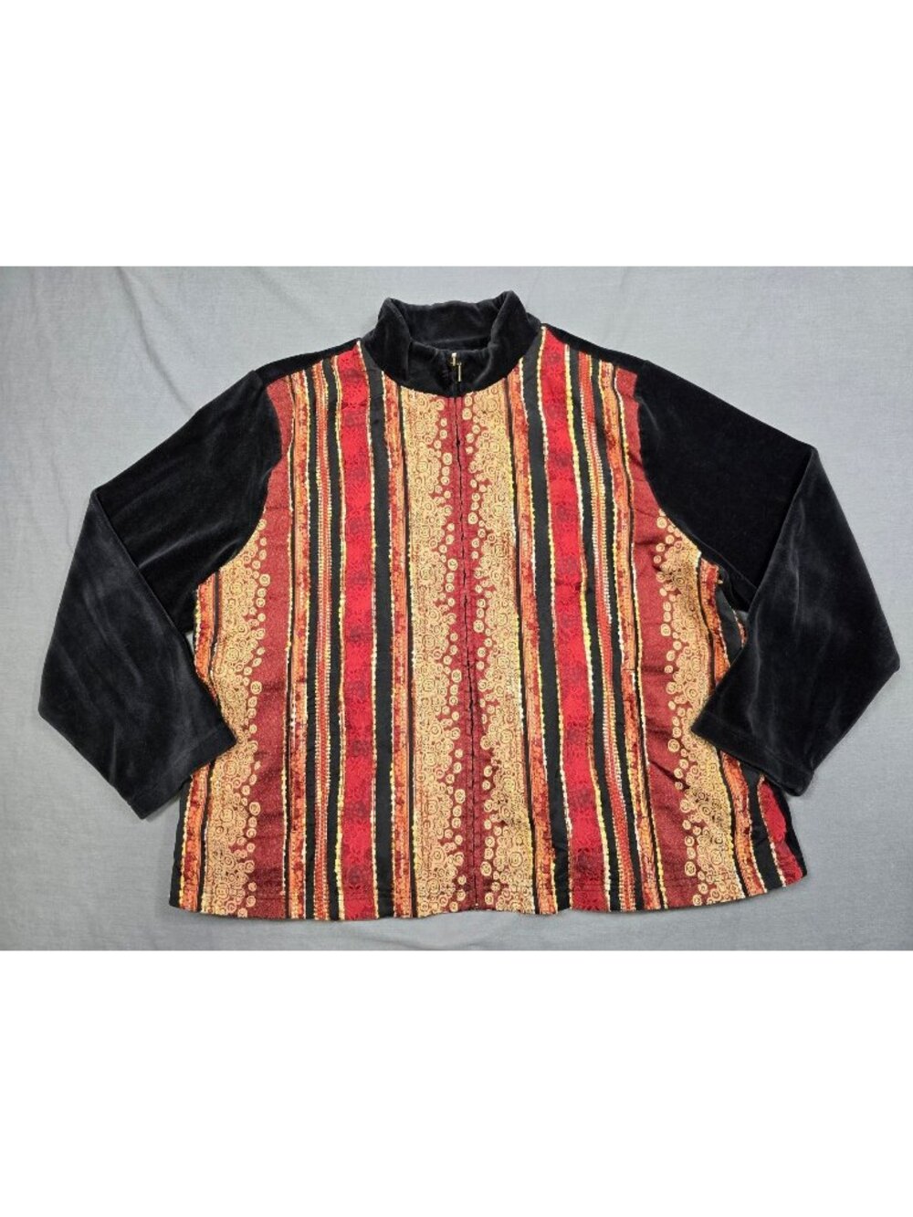 Coldwater Creek 2X Black Red Gold Tapestry Sweater Jacket Long Sleeve Zip Front